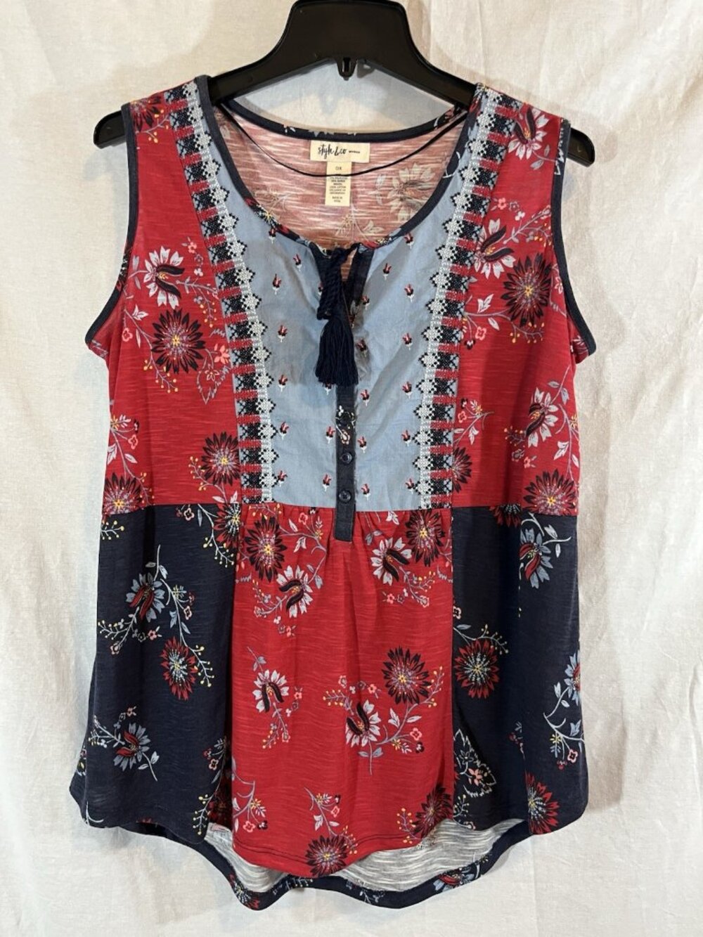 Style & Co Women’s 0X Red & Blue Paisley Print Embroidered Sleeveless Blouse